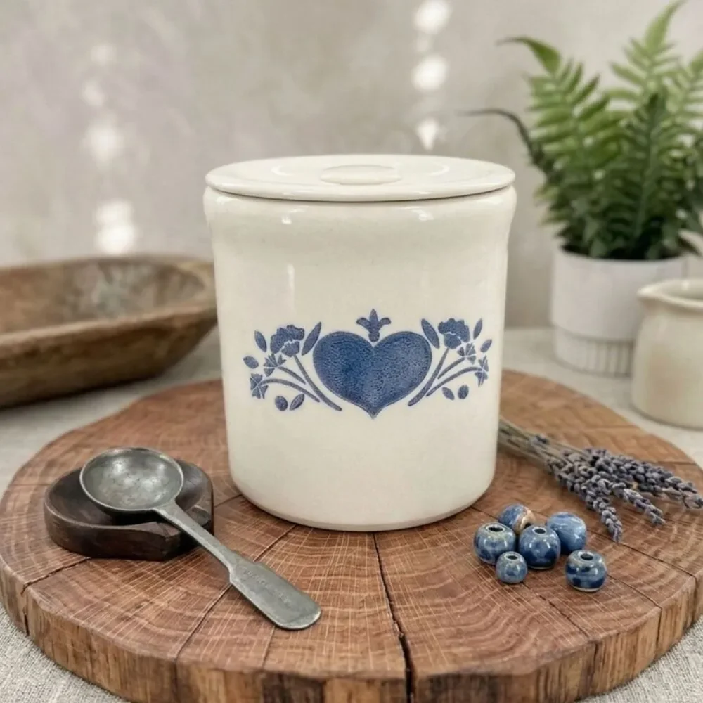 Vintage Cottagecore Heart Crock with Lid French Country Stoneware Canister
